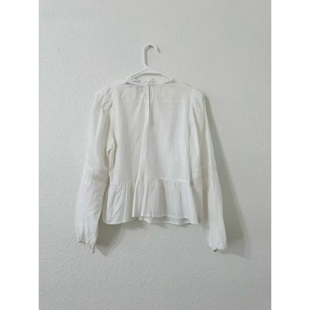 Zara Cotton Victorian Lace Trim Peplum Top White Long Sleeve Small